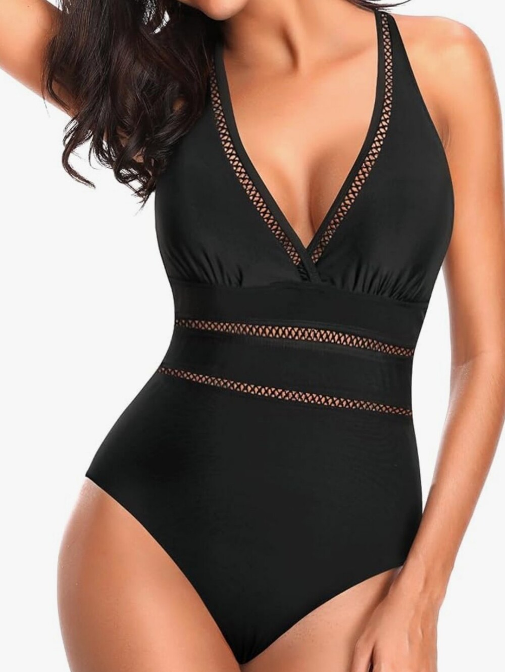 Black Plunge One-Piece Swimsuit with Mesh Trim -size Med